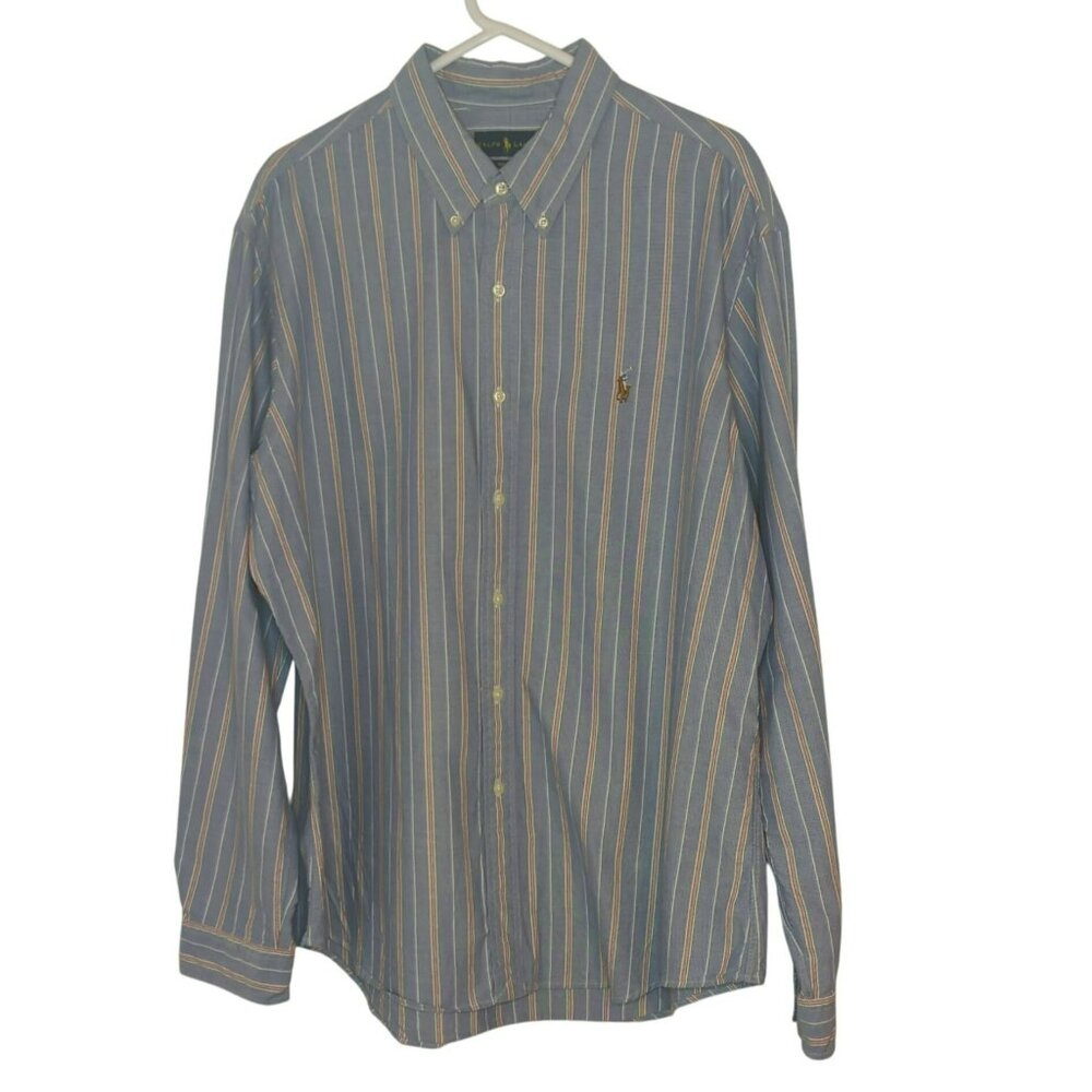 Polo Ralph Lauren Button Down Shirt Mens Size XXL Blue Striped Poplin Custom Fit
